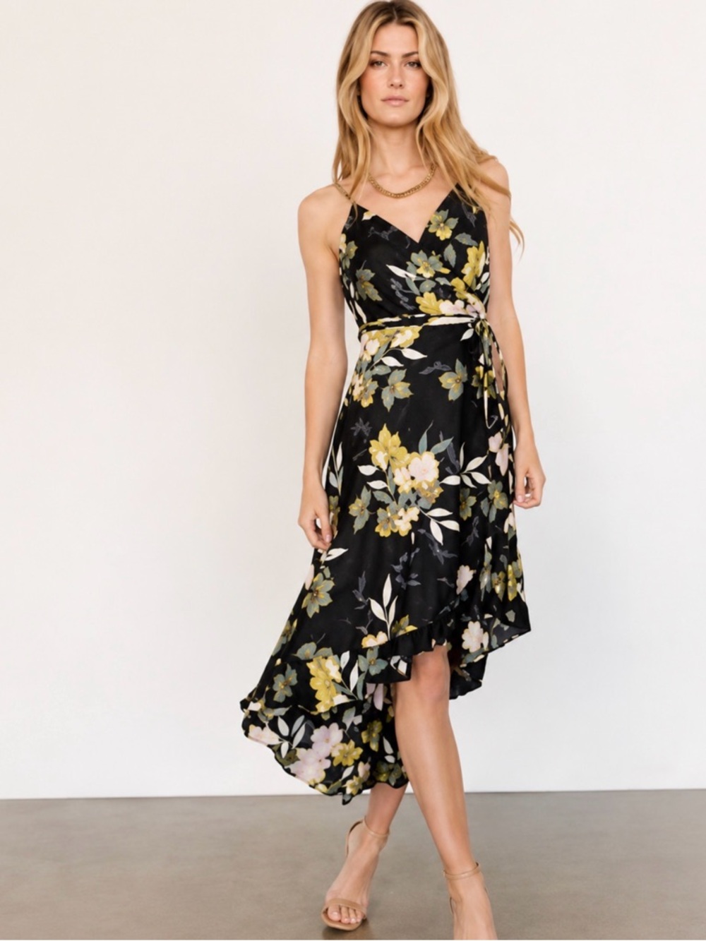 Baltic Born Floral Wrap Dress Women’s M Black Satin Midi High Low Ruffle Cami